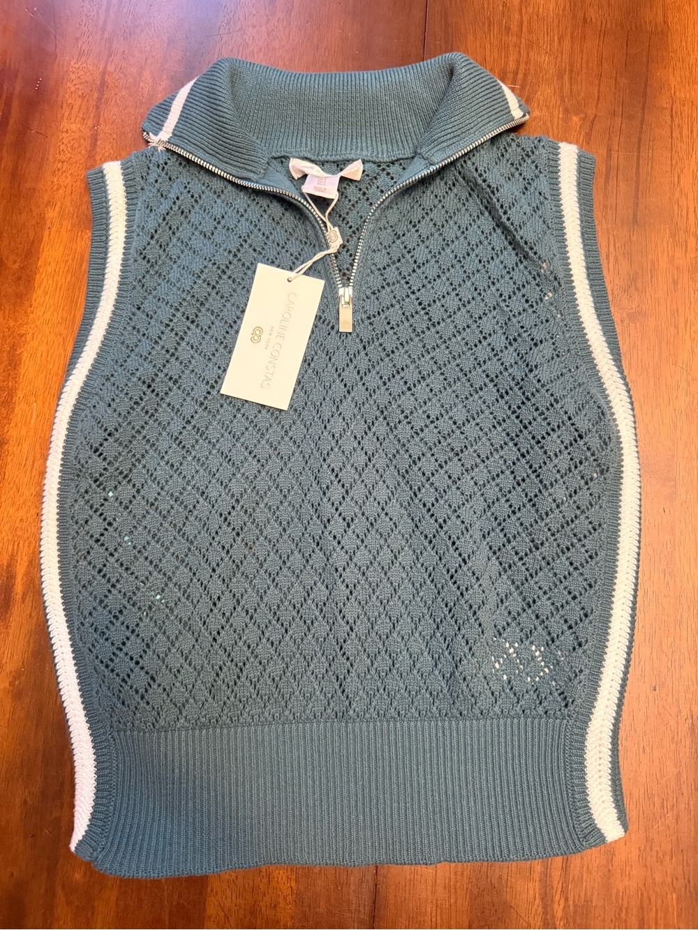 Caroline Constas Teal Sweater Vest with Zip Mockneck